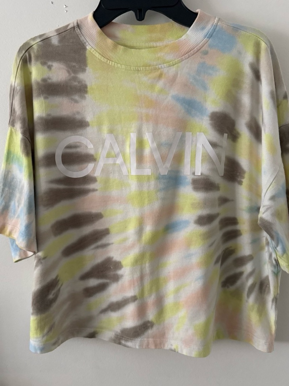 Calvin Klein Tie-Dye Logo Crop Tee in Yellow, Blue, Gray, Peach